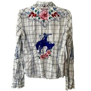 Johnny Was rodeo rose cowgirl Embroidered Plaid Shirt floral bronco cowboy xs
